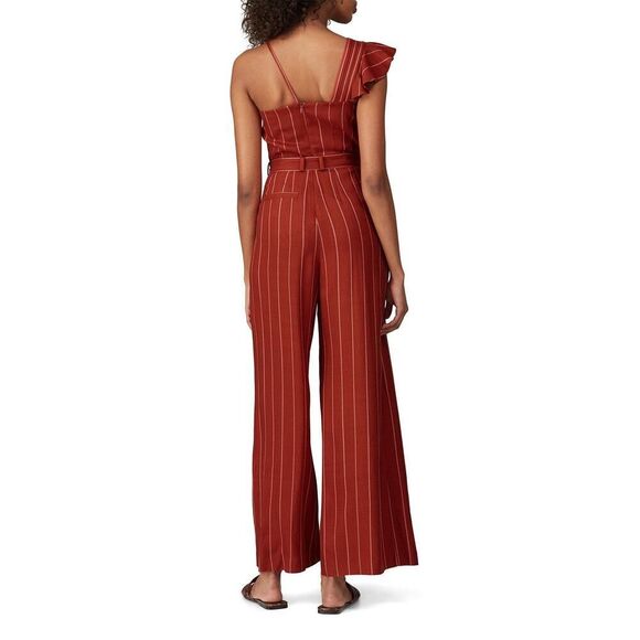 Three Floor Margaux Jumpsuit Womens 4 Burnt Orange Linen Striped Ruffle NWT - Picture 2 of 9